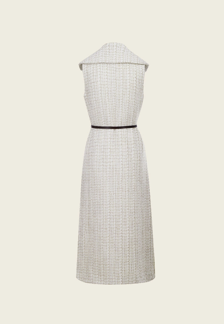 White Sleeveless Lapel Tweed Dress with Belt