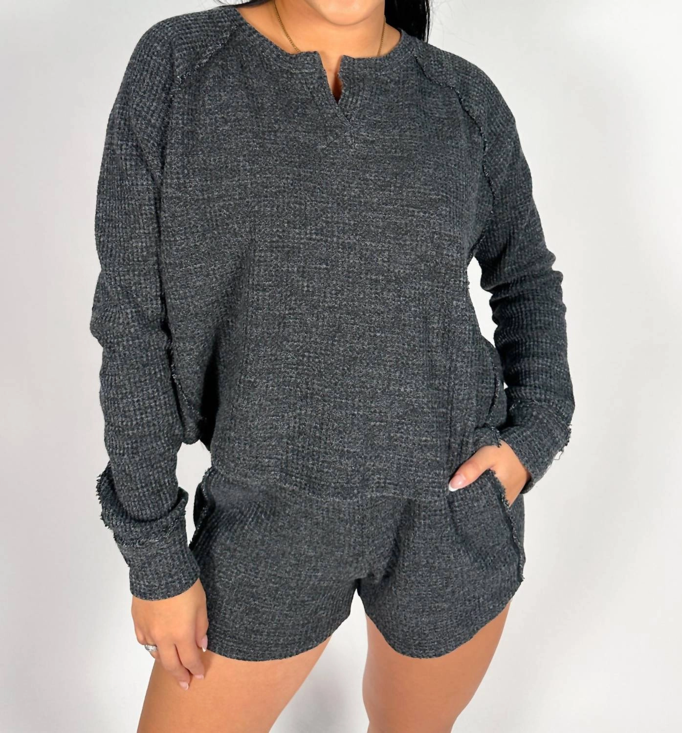 Whitney Waffle Short Set In Black