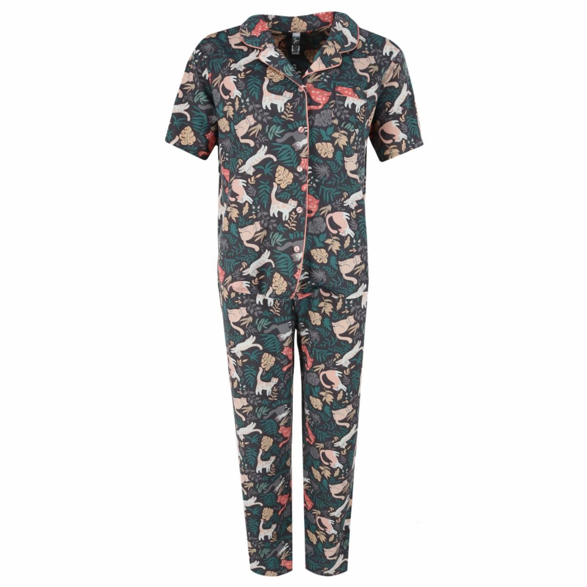 Women's Tropical Cats Short Sleeve Notch Collar Pajama Set