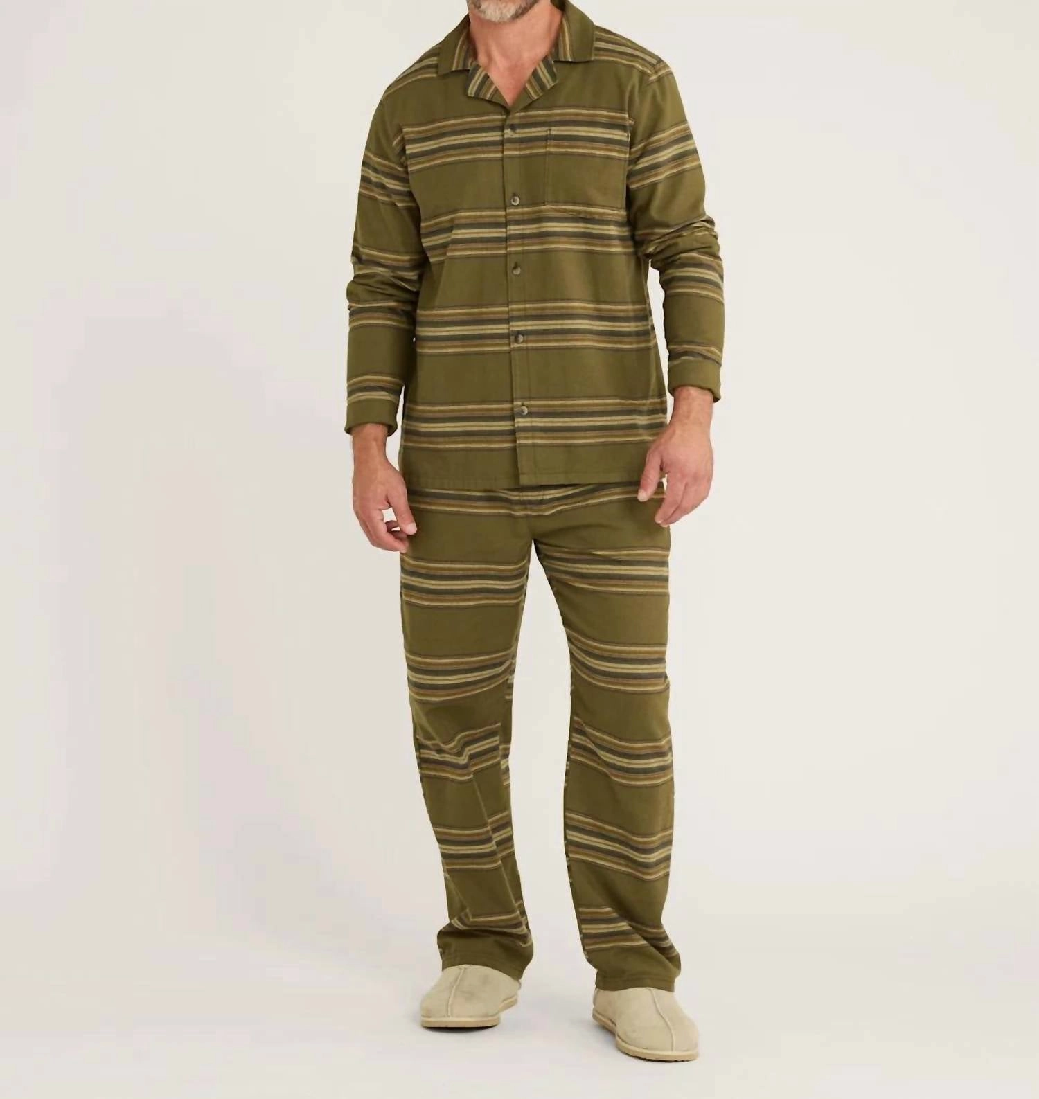 Yakima Stripe Flannel Pajama Set In Ombre Stripe Olive