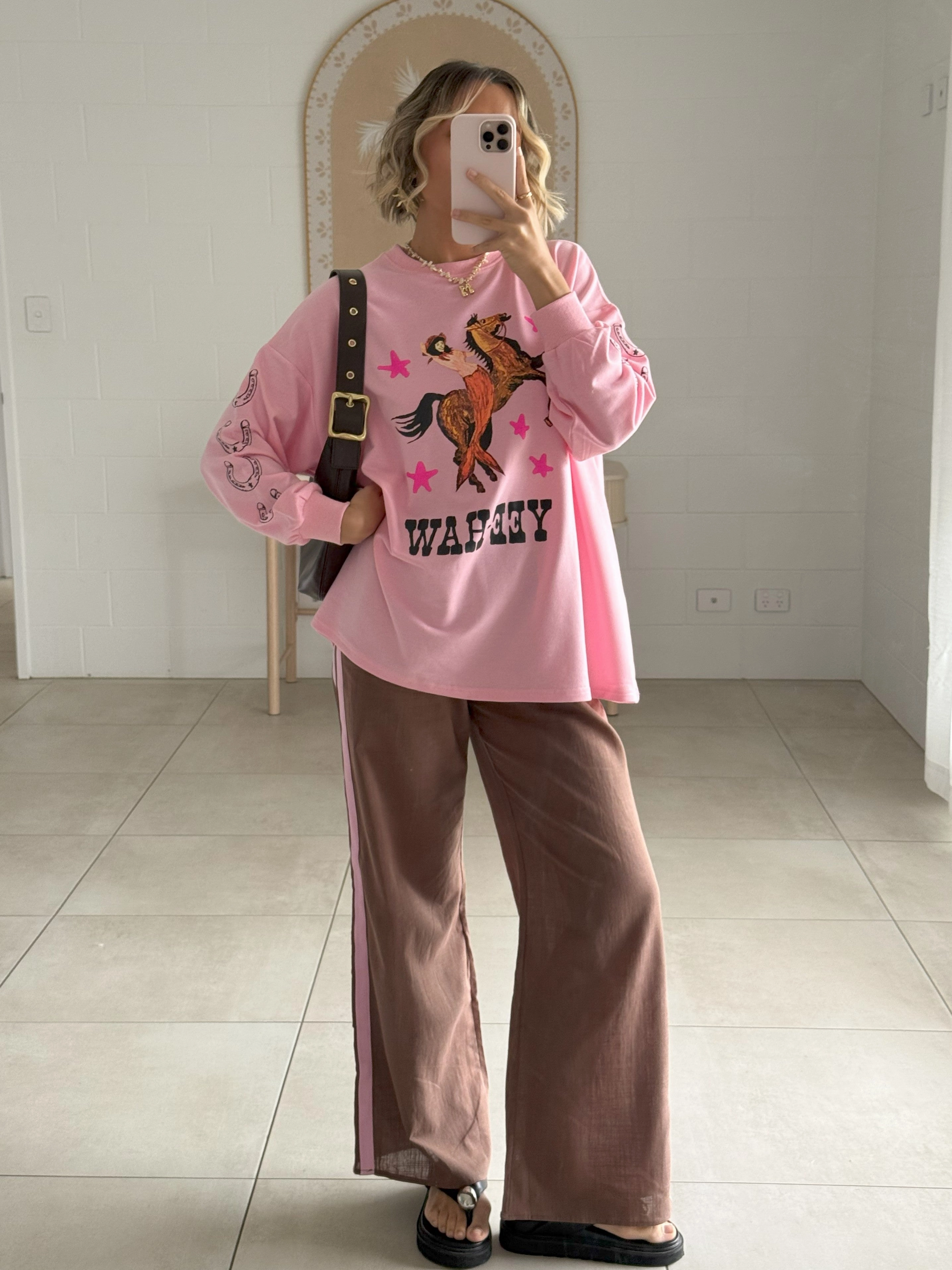 Yee-haw Long Sleeve Top and Pants Set - Pink / Brown