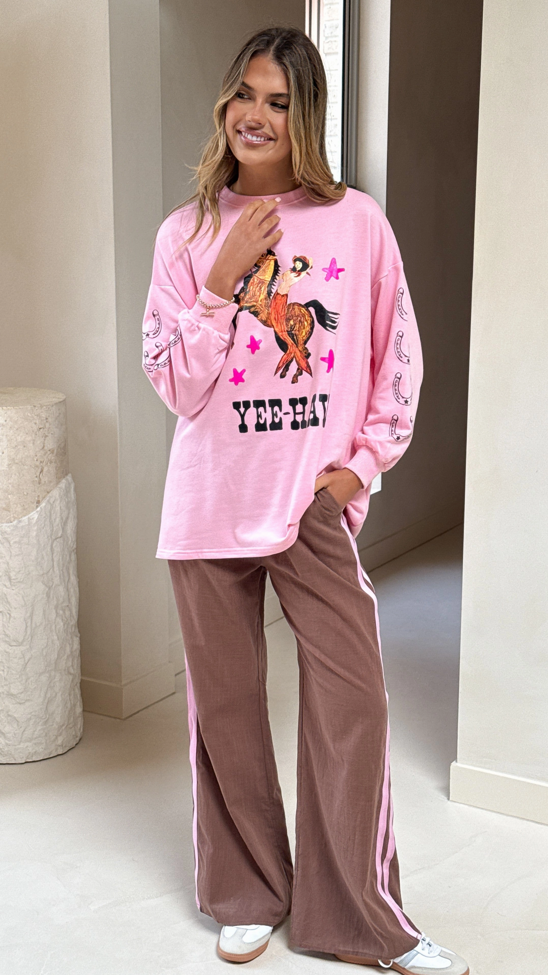Yee-haw Long Sleeve Top and Pants Set - Pink / Brown