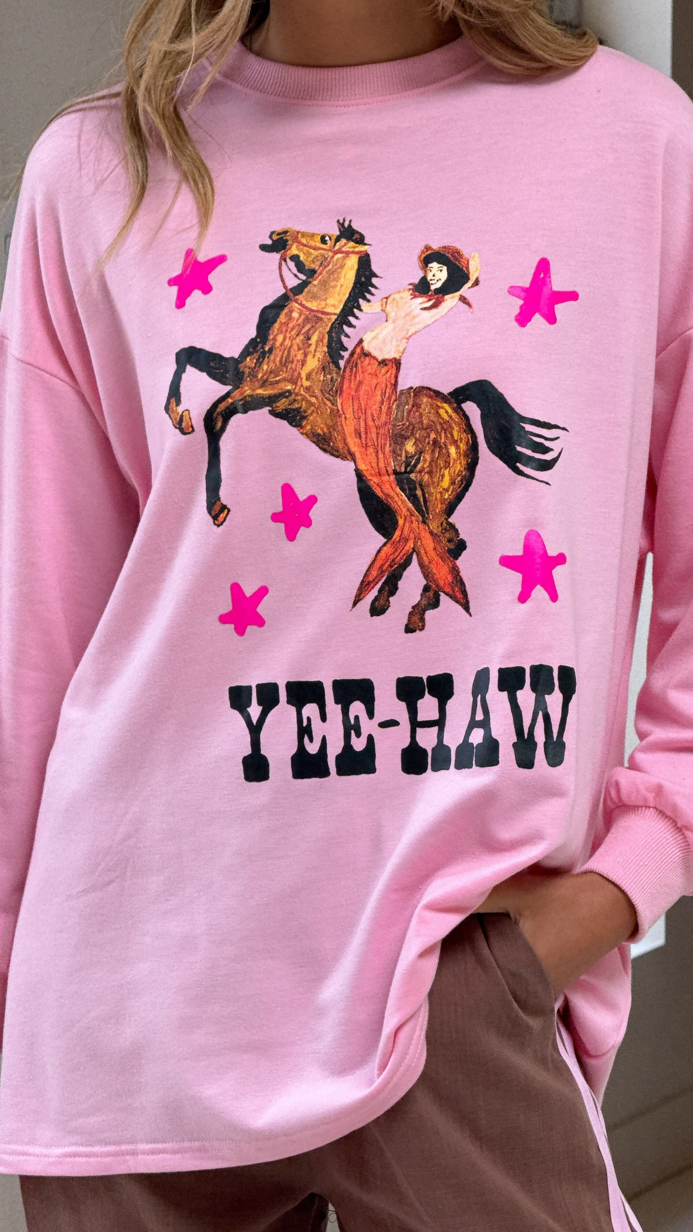 Yee-haw Long Sleeve Top and Pants Set - Pink / Brown