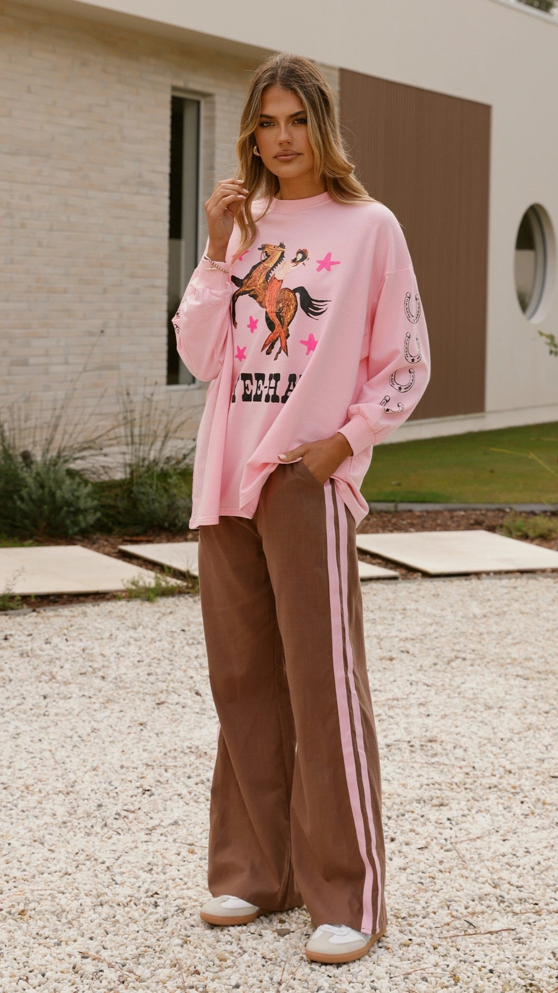 Yee-haw Long Sleeve Top and Pants Set - Pink / Brown