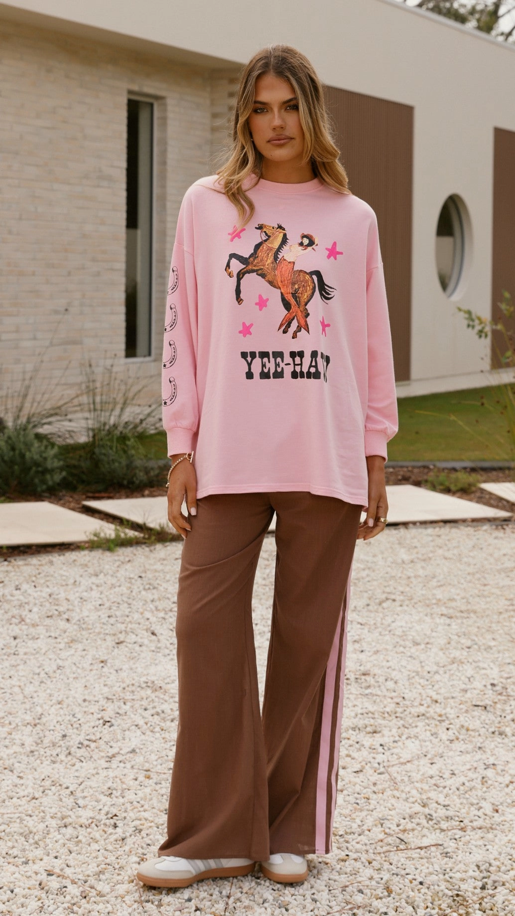 Yee-haw Long Sleeve Top and Pants Set - Pink / Brown
