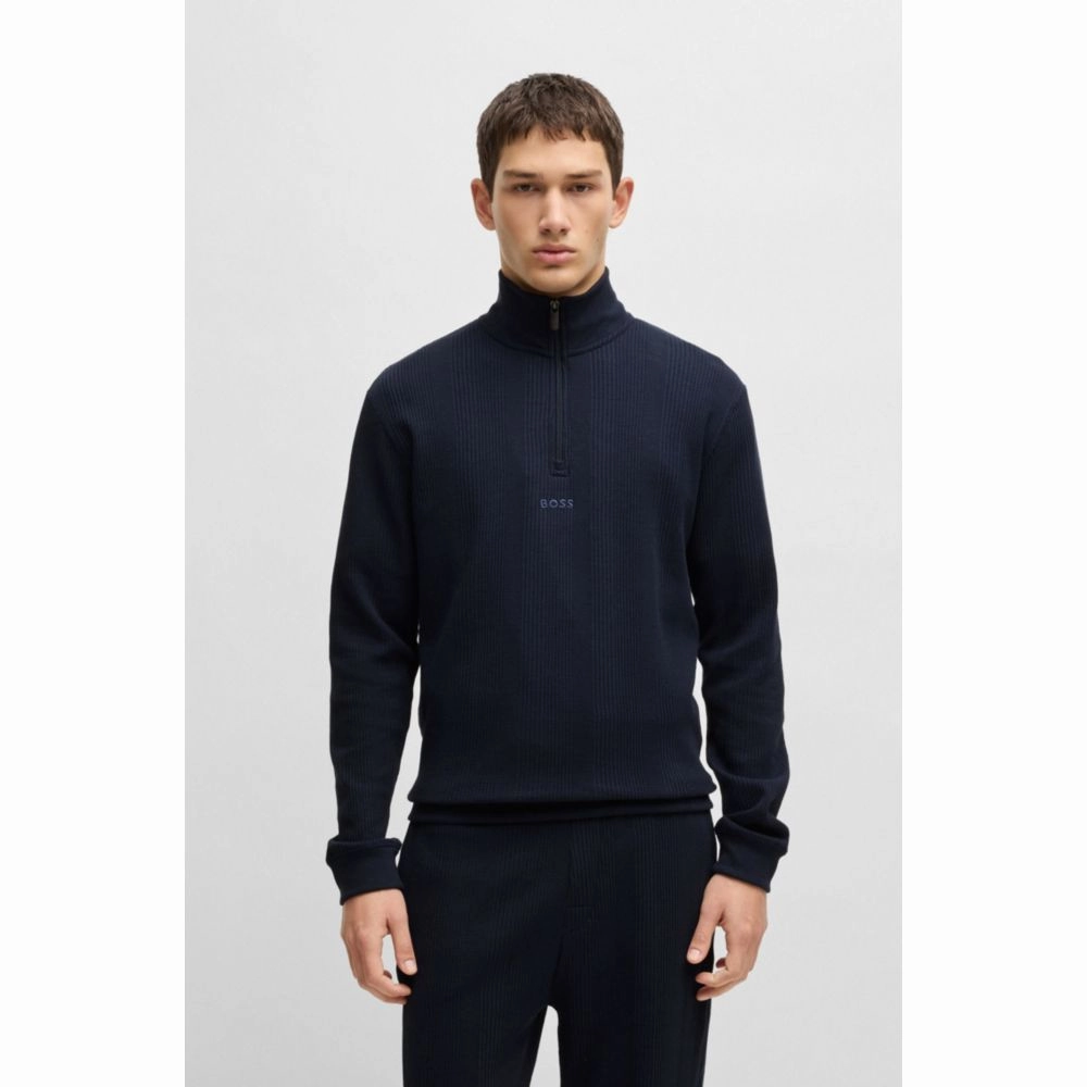 Zip-neck sweater in a waffle-structured cotton