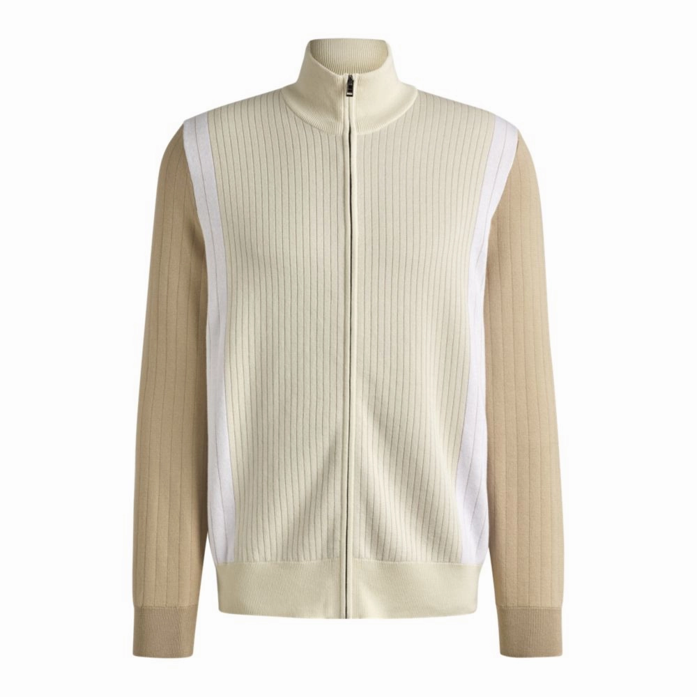 Zip-up cotton cardigan with knitted pinstripes
