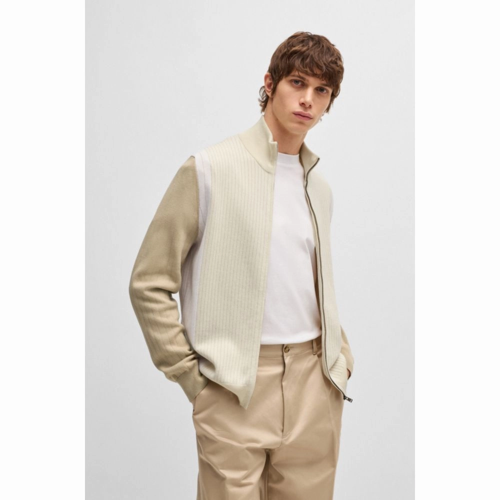 Zip-up cotton cardigan with knitted pinstripes