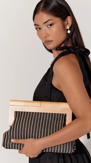 Zoey Thin Stripe Timber Frame Clutch - Black